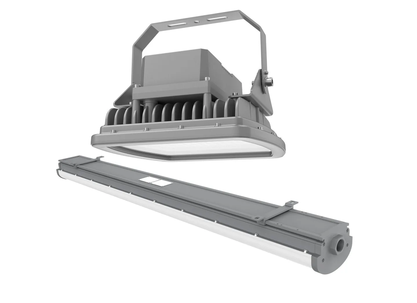 Explosion-proof LED floodlight and linear luminaire with cast housings