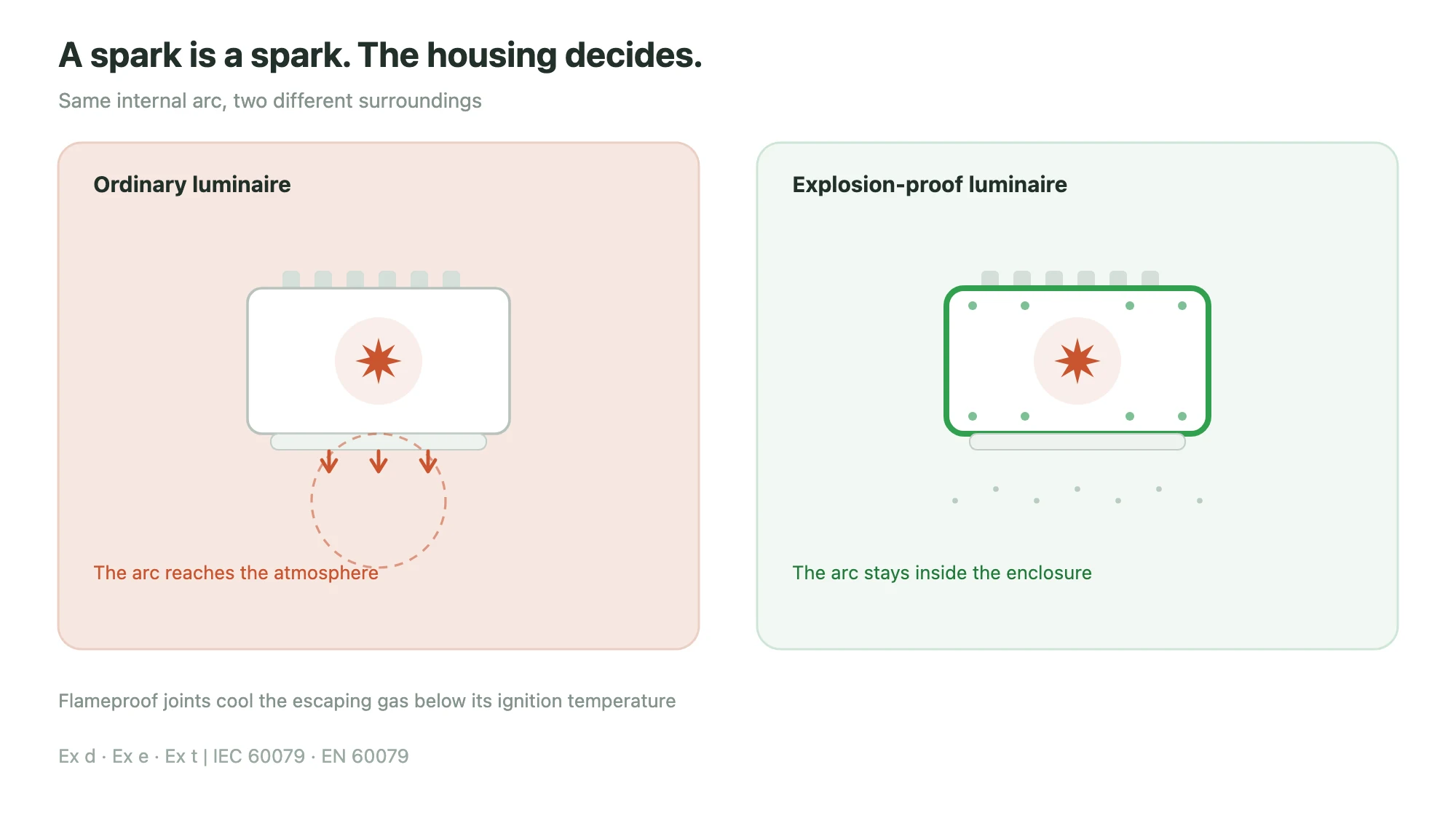 Comparison of an ordinary and an explosion-proof luminaire housing around the same internal arc