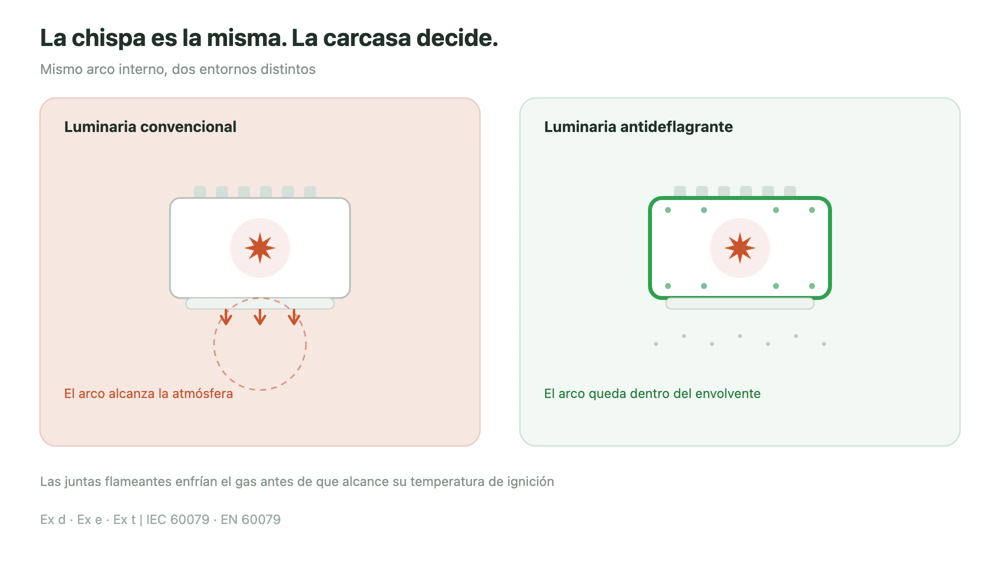 Comparación entre una luminaria convencional y una antideflagrante ante el mismo arco interno
