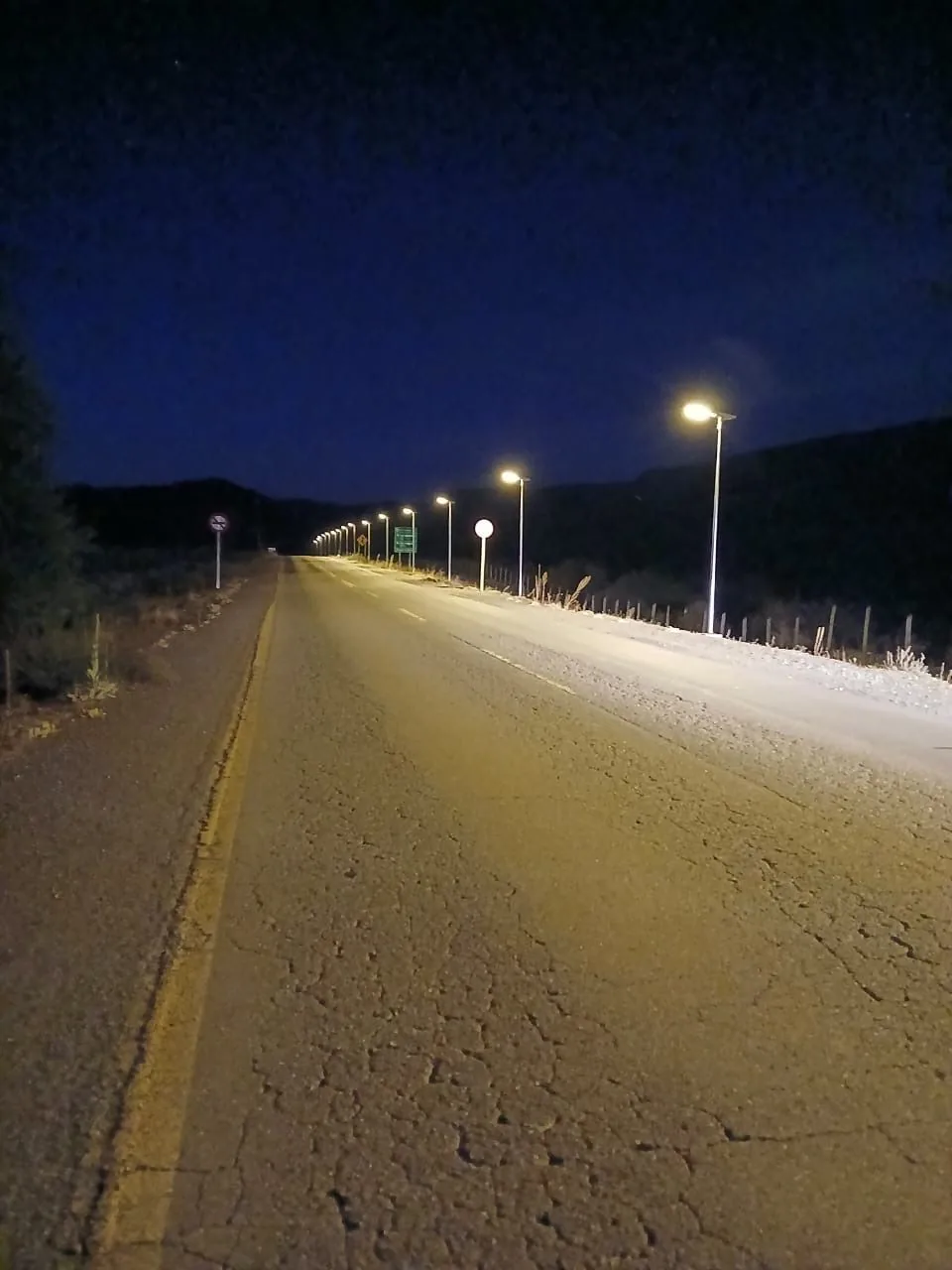 Solar lights in the snow at night, Lonquimay, Chile