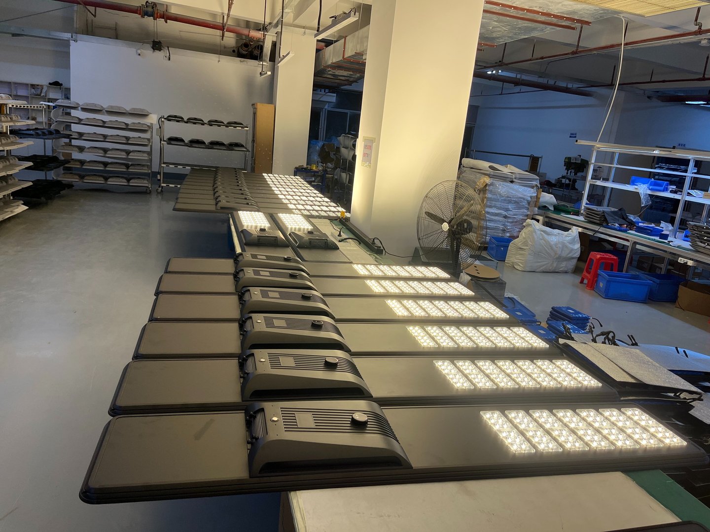 All-in-one solar LED street light production line with finished units awaiting shipment